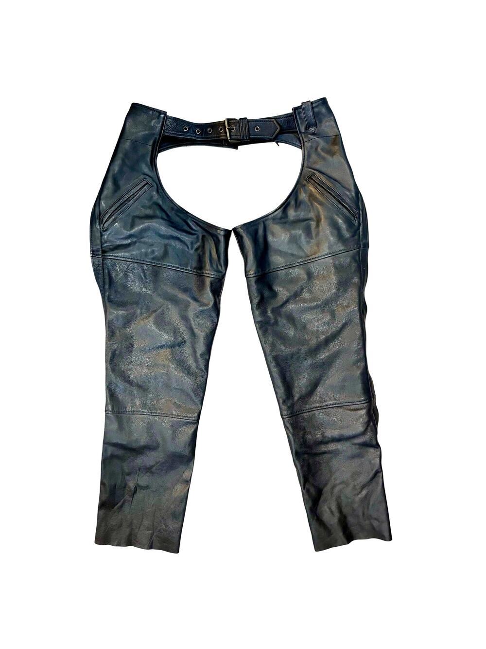 XPERT Performance Gear Men's Black Leather Motorcycle Chaps Size W/Pockets, L